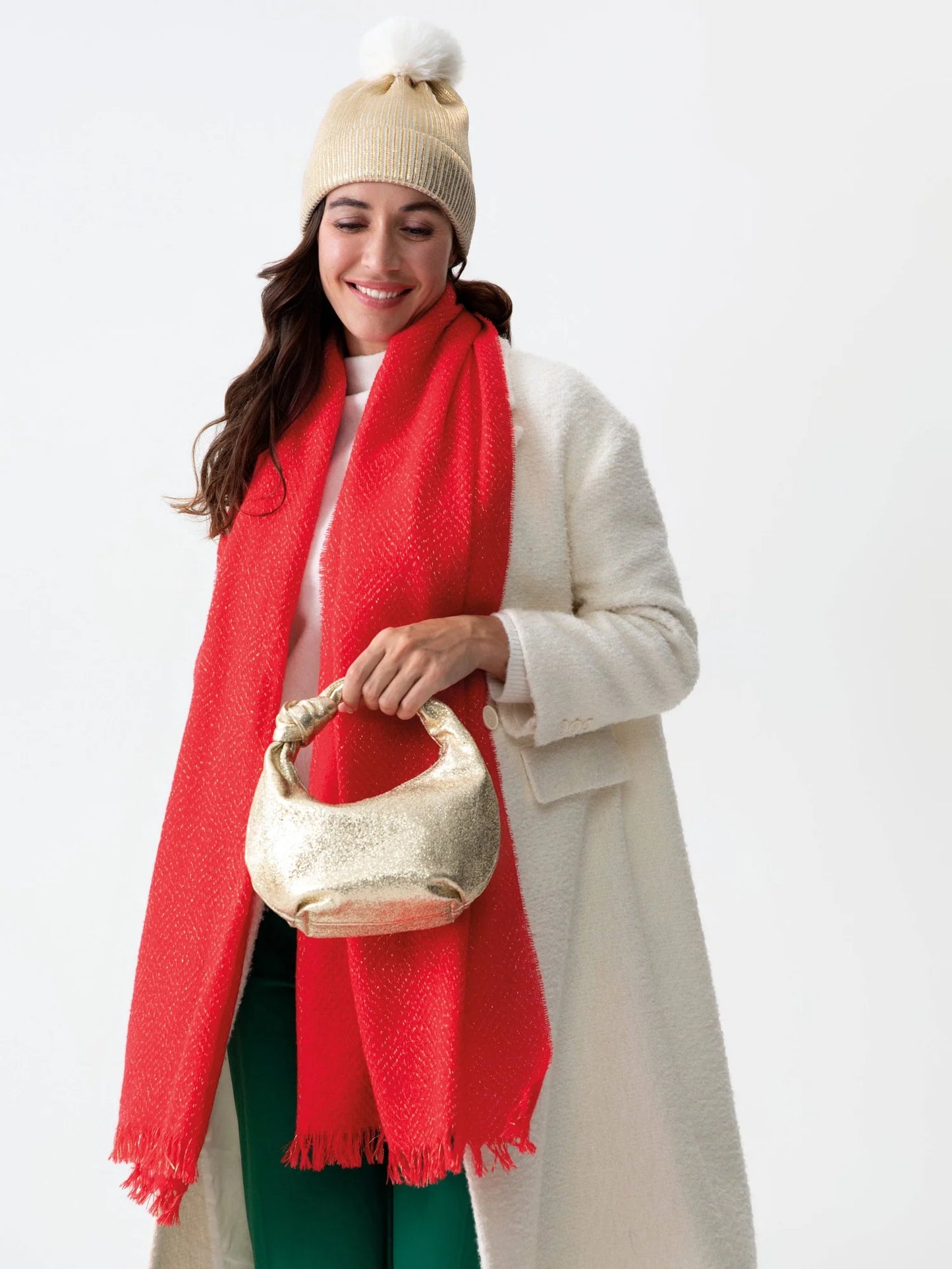 Belle Scarf in bright red with subtle sparkle and raw tufted hem, from SHIRALEAH women's accessories