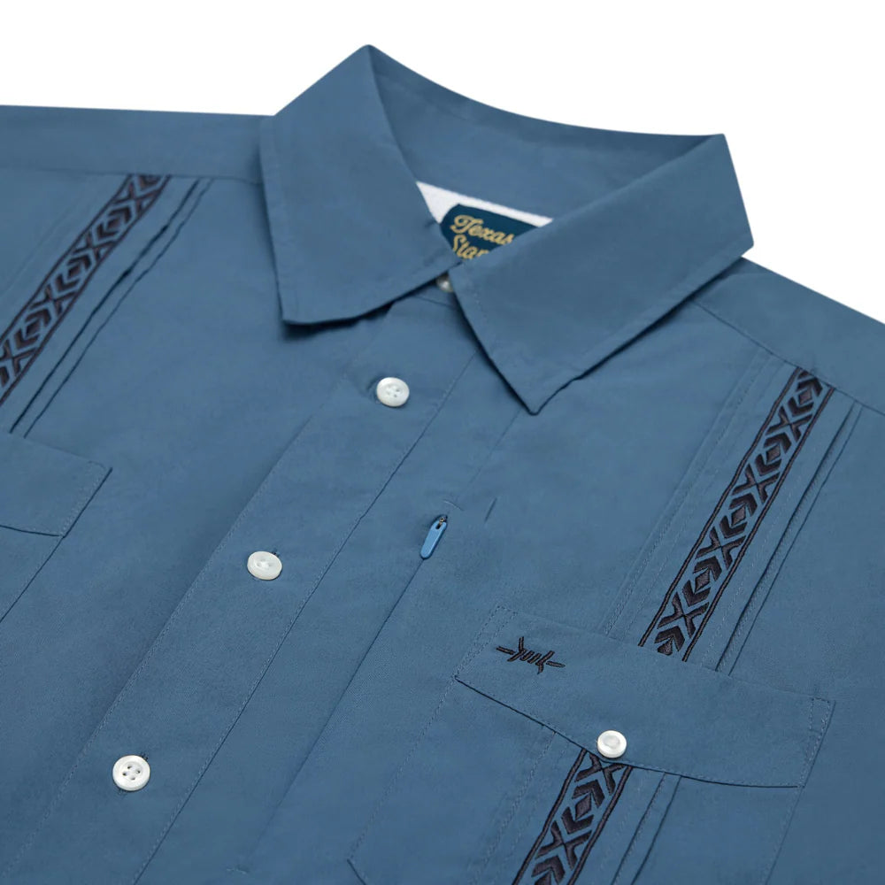 Guayabera Libre - Frio Blue short sleeve with blue geometric trim, moisture-wicking by TEXAS STANDARD