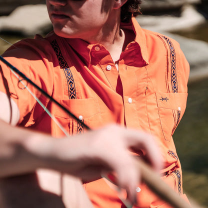 Guayabera Libre - Bahia Red orange geometric moisture-wicking short sleeve by TEXAS STANDARD