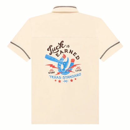 Drifter Shirt - Luck Is Earned beige short sleeve with graphic horseshoe by TEXAS STANDARD