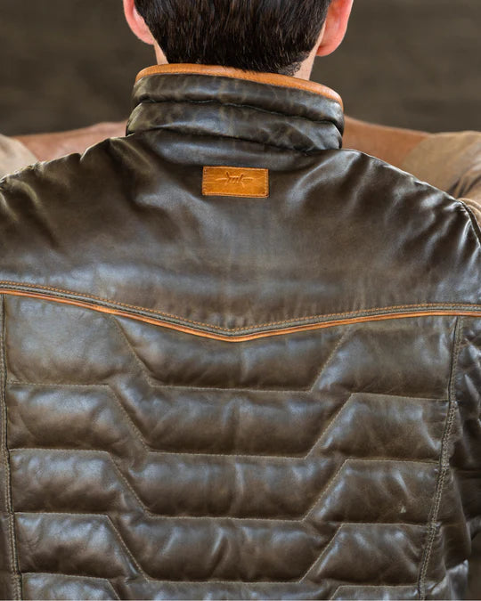 Maverick Leather Vest in brown lambskin with quilted puffer design and contrast piping by TEXAS STANDARD