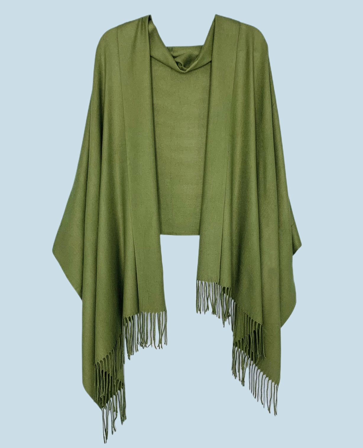 Softer Than Cashmere shawl in olive green with fringed edges