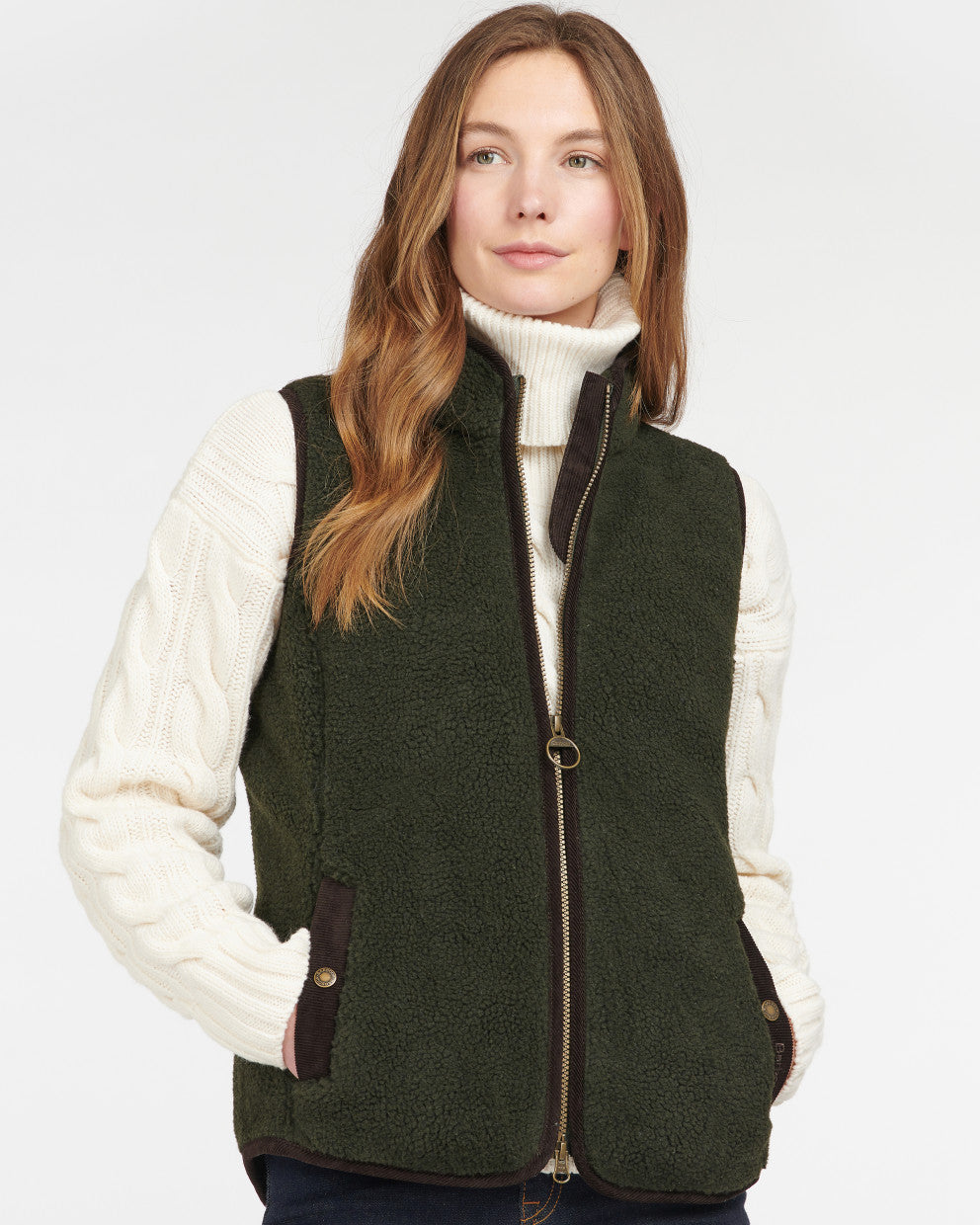 Burford Fleece sherpa vest in green with brown trim, warm layering from BARBOUR INC.