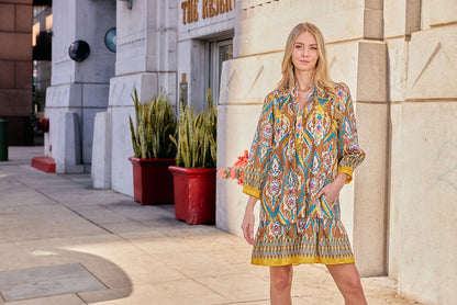 The Flounced Dress in multicolor geometric floral poly twill, Joy Joy at HCO Fredericksburg