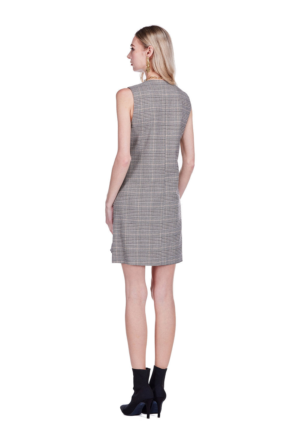 V-Neck Buttons Fitted Dress - Plaid, sleeveless beige checkered tailored design by JOY JOY