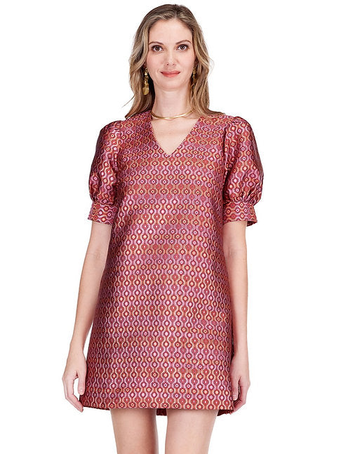 V-Neck Short Sleeve Shift Dress - Groovy Grid with geometric pattern and puff sleeves by JADE