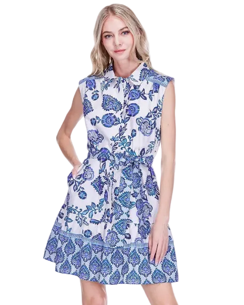 Contrast Print Shirt Dress with blue floral pattern and sleeveless design by JOY JOY, HCO collections