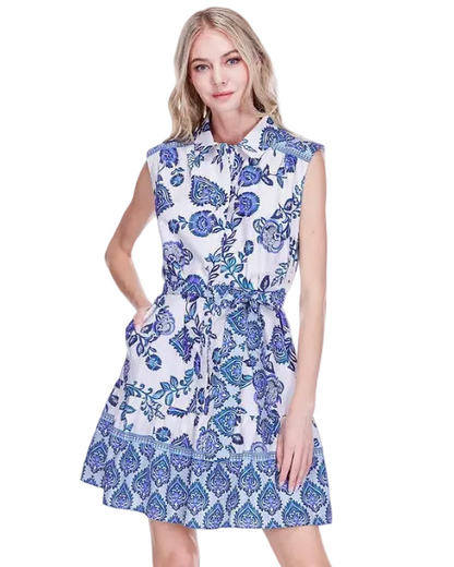 Contrast Print Shirt Dress with blue floral pattern and sleeveless design by JOY JOY, HCO collections