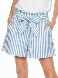 Belted Elastic Waist Short - Blue Stripe