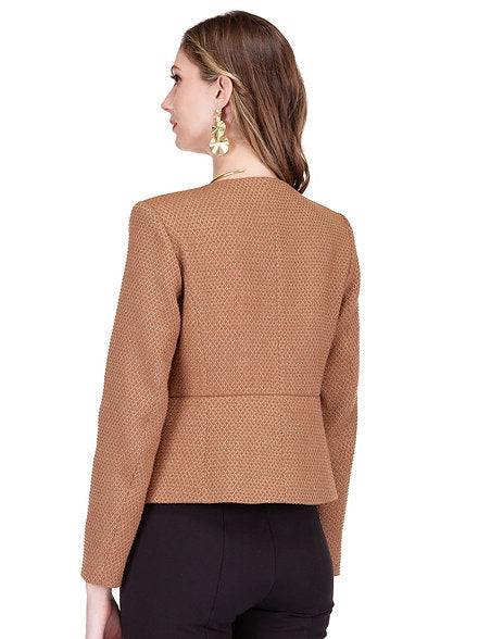 Buttons Cinched Waist Jacket in textured brown fabric with tailored fit, Women's Jackets by JADE