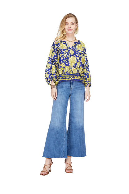 Peasant Bishop Sleeve Top - Purple/Gold Vines