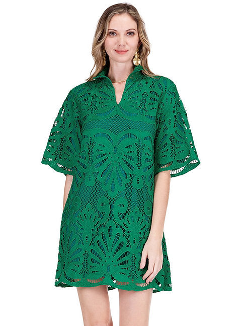 High Neck Tunic Dress - Green Lace