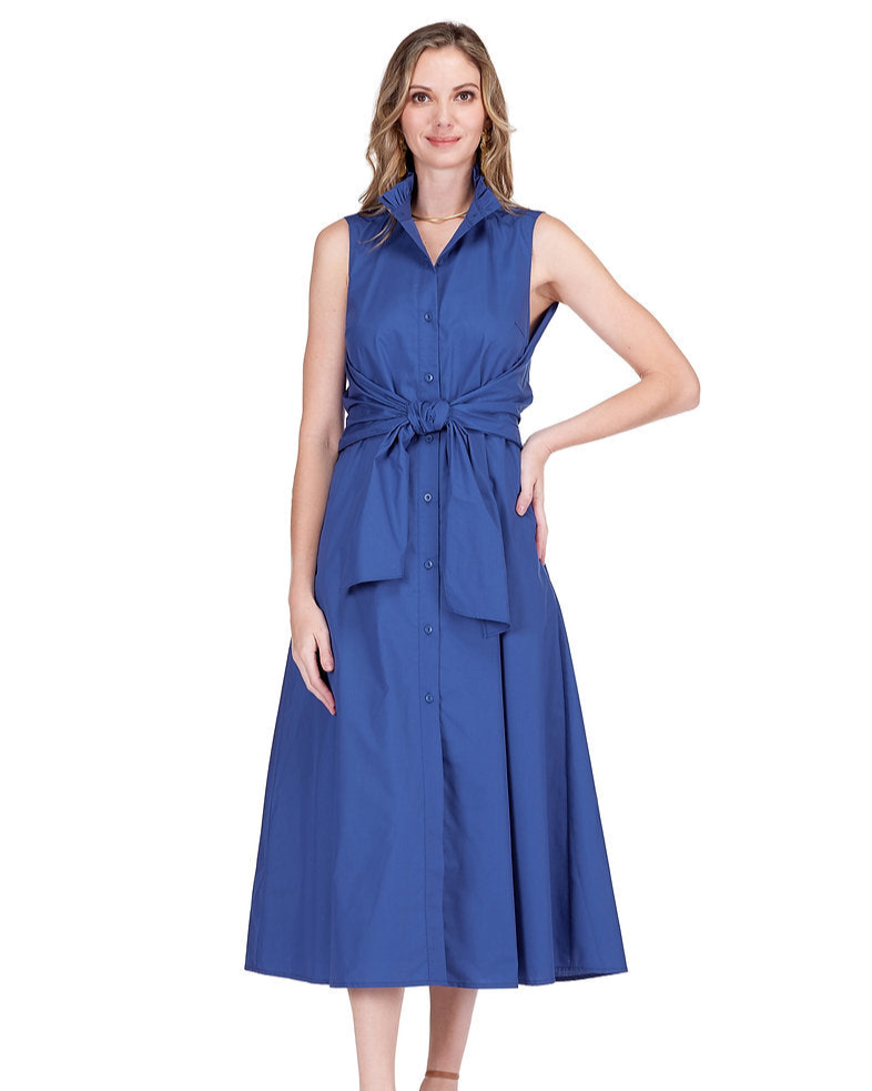 Navy Maxi Wickelkleid mit Knopfleiste, Hemdkragen und seitlich drapiertem Faltenwurf