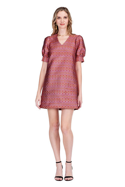V-Neck Short Sleeve Shift Dress - Groovy Grid with geometric pattern and puff sleeves by JADE