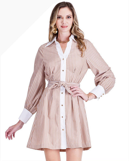 Collar Waist Pleated Shirt Dress
