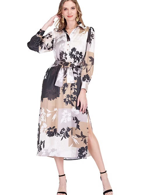 Split V-Neck Collar Maxi in neutral floral poly satin with long sleeves and side slit by JADE
