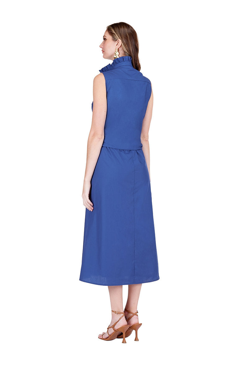 Navy Maxikleid, ärmellos, Rückenansicht mit hohem Kragen und Taillenbindeband