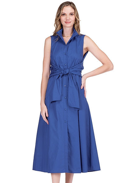Navy Maxi-Kleid ohne Ärmel, vorn geknöpft, mit Bindegürtel und Taschenklappe