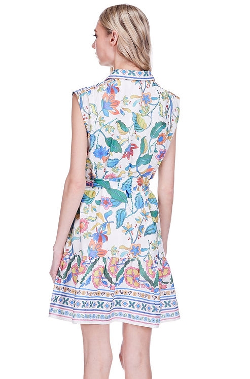 Front Placket Shirt Dress in floral pattern with waist tie and ruffle hem by JOY JOY