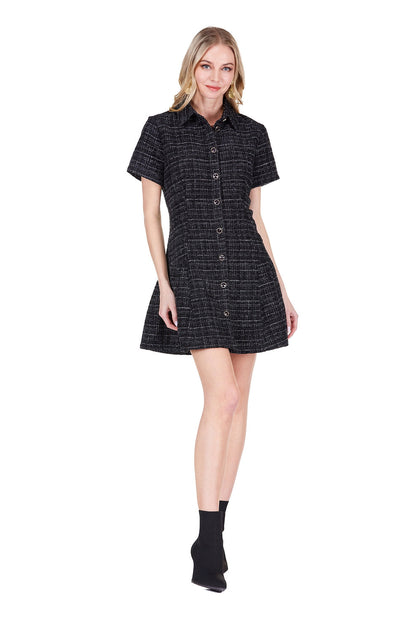 Pleated Hem Buttons Dress in black checkered pattern, short sleeve, stylish and personally curated