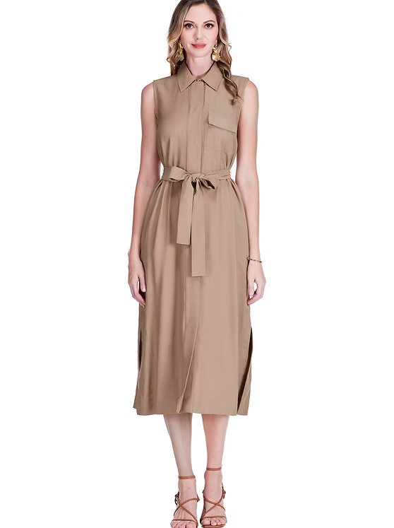Pocket Slit Midi Shirtdress - Camel sleeveless viscose dress with belt and side slits, JADE