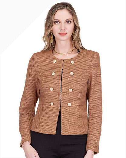 Buttons Cinched Waist Jacket in brown with textured fabric and polished buttons, Women's Jackets at HCO Jade