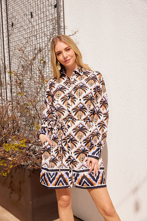 Shirtdress Palmprint mit Taillenband, Langarmhemdkragen, Zackenbordüre unten
