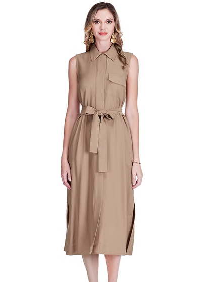 Pocket Slit Midi Shirtdress - Camel sleeveless viscose dress with pockets, JADE boutique style