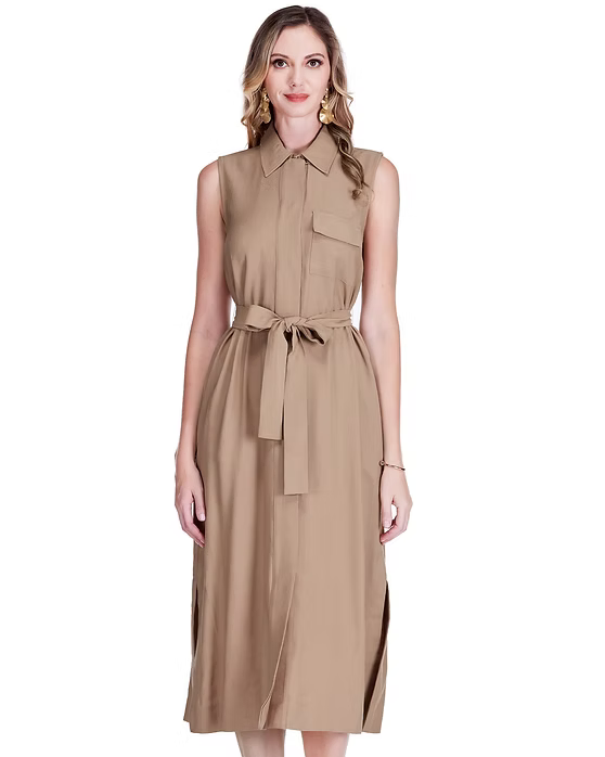 Pocket Slit Midi Shirtdress - Camel sleeveless viscose dress with belt, JADE Women's Dresses & Jumpsuits