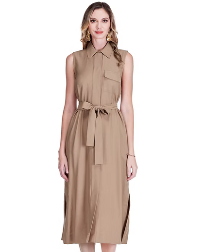 Pocket Slit Midi Shirtdress - Camel sleeveless viscose dress with belt, JADE Women's Dresses & Jumpsuits