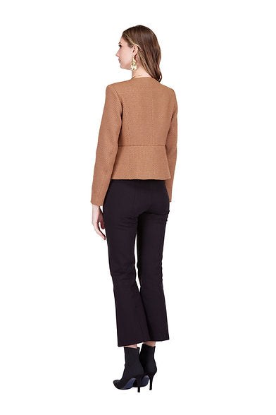 Buttons Cinched Waist Jacket in brown textured fabric with tailored fit, Women's Jackets at HCO Jade
