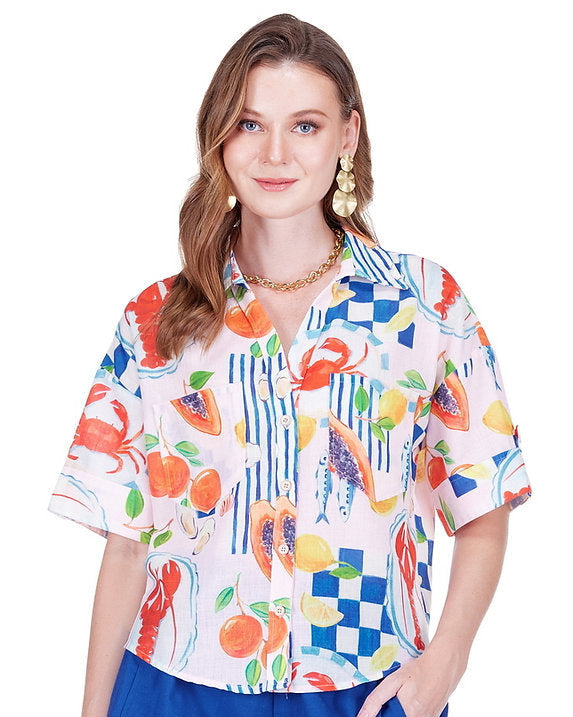 Pocket Shirt in multicolor seafood and fruit print, breathable linen-cotton by JOY JOY