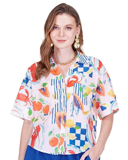 Pocket Shirt in multicolor seafood and fruit print, breathable linen-cotton by JOY JOY