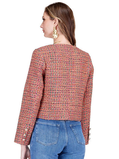 Tweed Buttons Crop Jacket in multicolor acrylic tweed with button details, Women's Jackets at HCO Jade