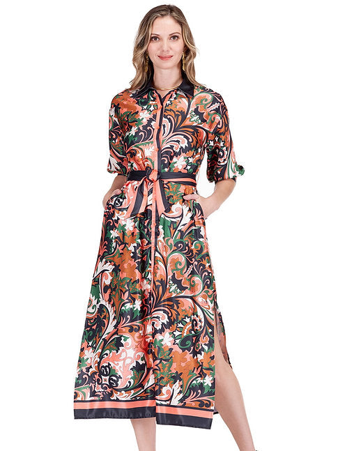 Maxi Shirt Dress - Autumn Scroll with floral pattern, belted waist, flowing fit, by JADE women's collection