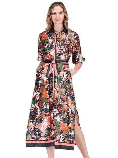 Maxi Shirt Dress - Autumn Scroll with floral pattern, belted waist, flowing fit, by JADE women's collection