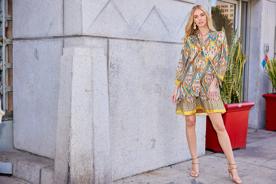 The Flounced Dress in multicolor geometric floral poly twill by JOY JOY at HCO Fredericksburg