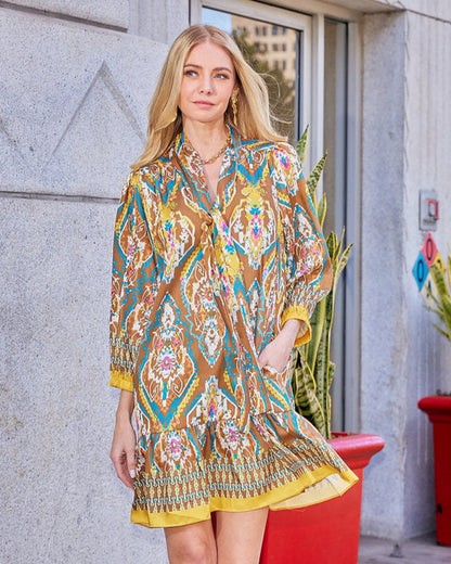 The Flounced Dress in multicolor geometric floral poly twill by JOY JOY at HCO Fredericksburg