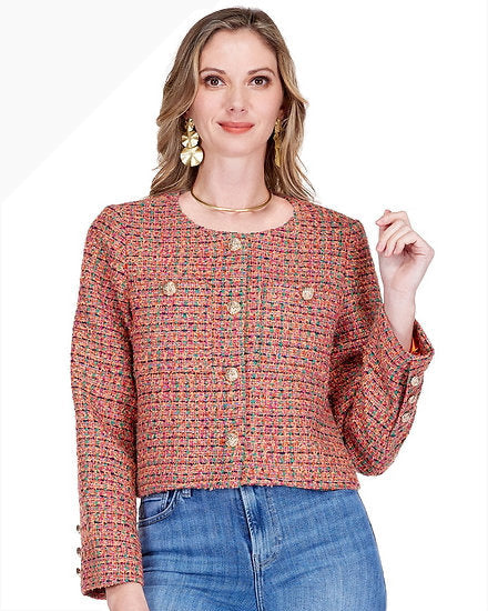 Tweed Buttons Crop Jacket in multicolor acrylic tweed with gold buttons, Women's Jackets at HCO Jade