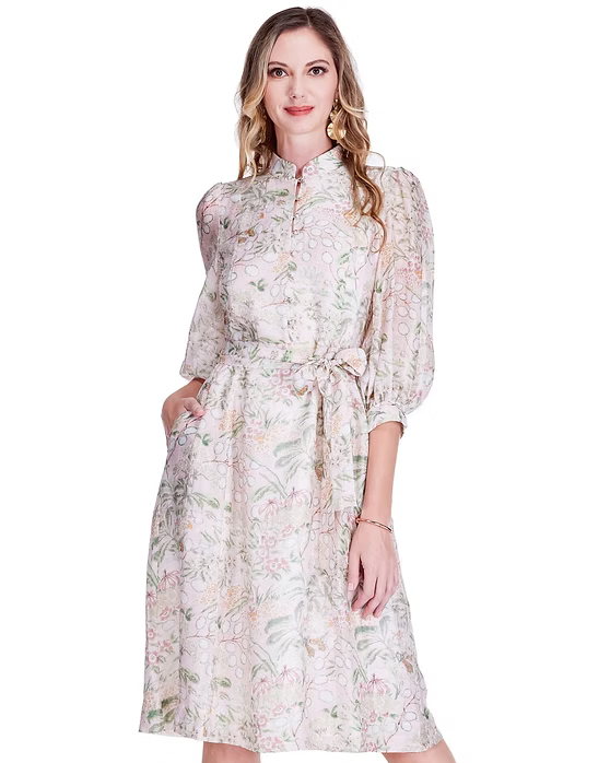 Stand Collar A-Line 50" Dress - Vintage Meadow