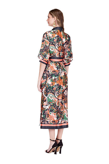 Maxi Shirt Dress - Autumn Scroll with floral pattern, flowing fit, belted waist by JADE