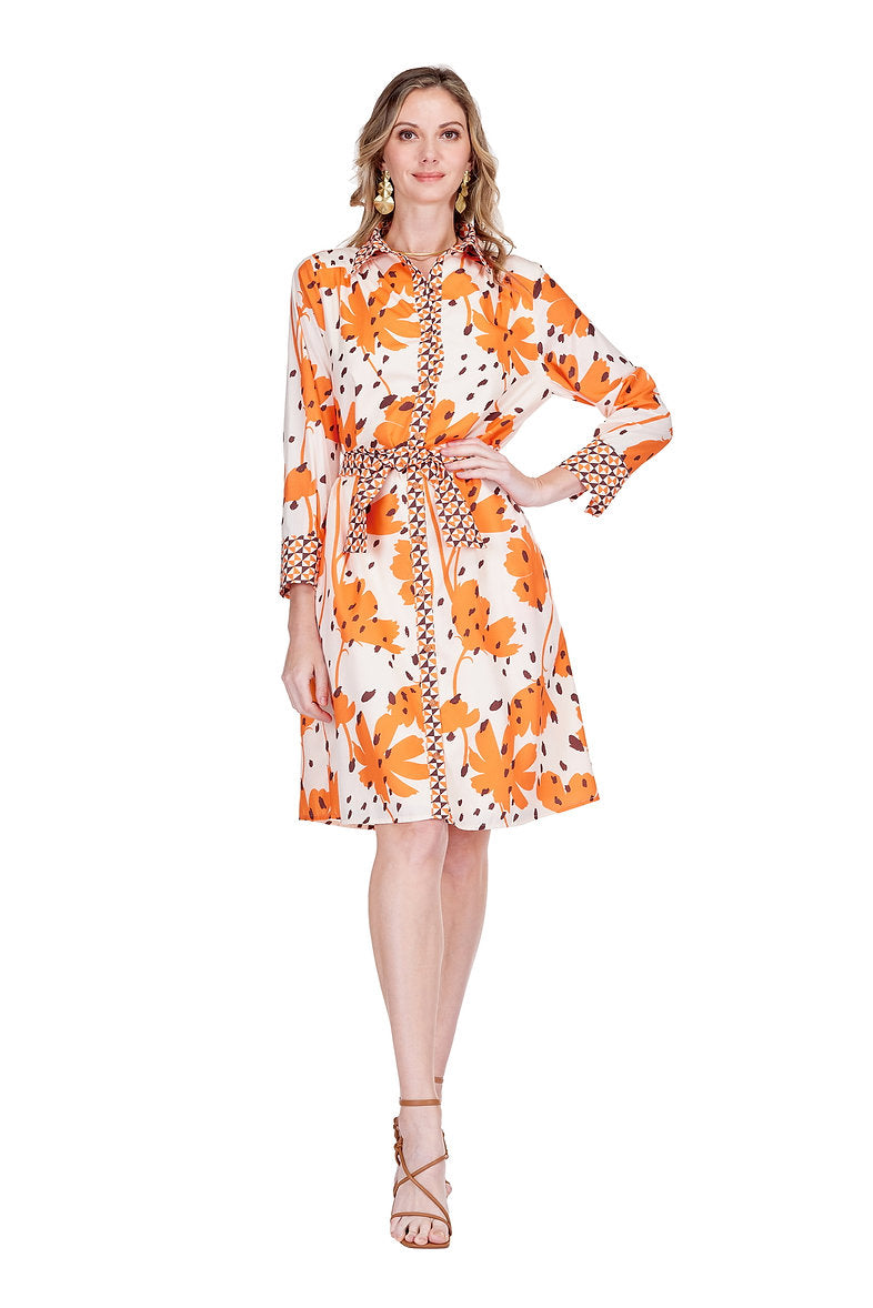 Contrast shirtdress in Wild Ember print, long sleeves, button front, self belt