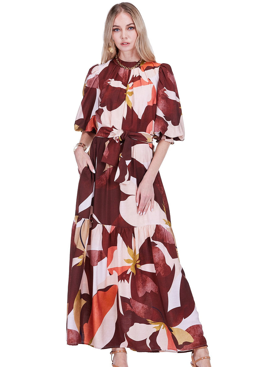 Pleated Neck Maxi - Harvest Rhythm floral viscose dress in warm tones by JADE, Women's Dresses & Jumpsuits