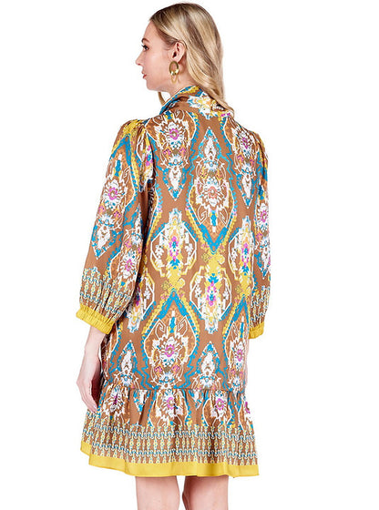 The Flounced Dress in geometric floral pattern with yellow accents by JOY JOY at HCO Fredericksburg