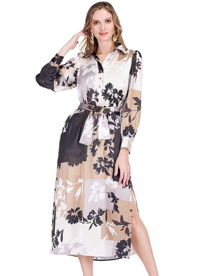 Split V-Neck Collar Maxi in floral poly satin with long sleeves and side slit by JADE, Fredericksburg