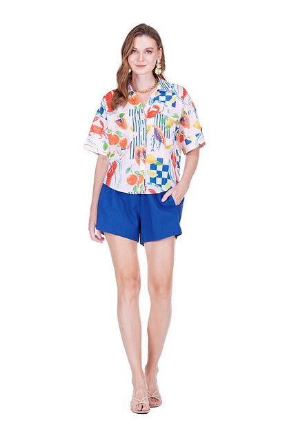 Pocket Shirt in multicolor botanical and geometric print, breathable linen-cotton blend by JOY JOY