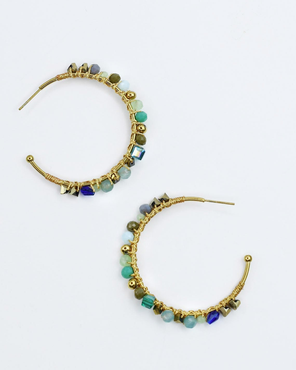 Sea Glass Hoops with aqua, emerald, and blue beads on gold wire, TREASURE JEWELS curated