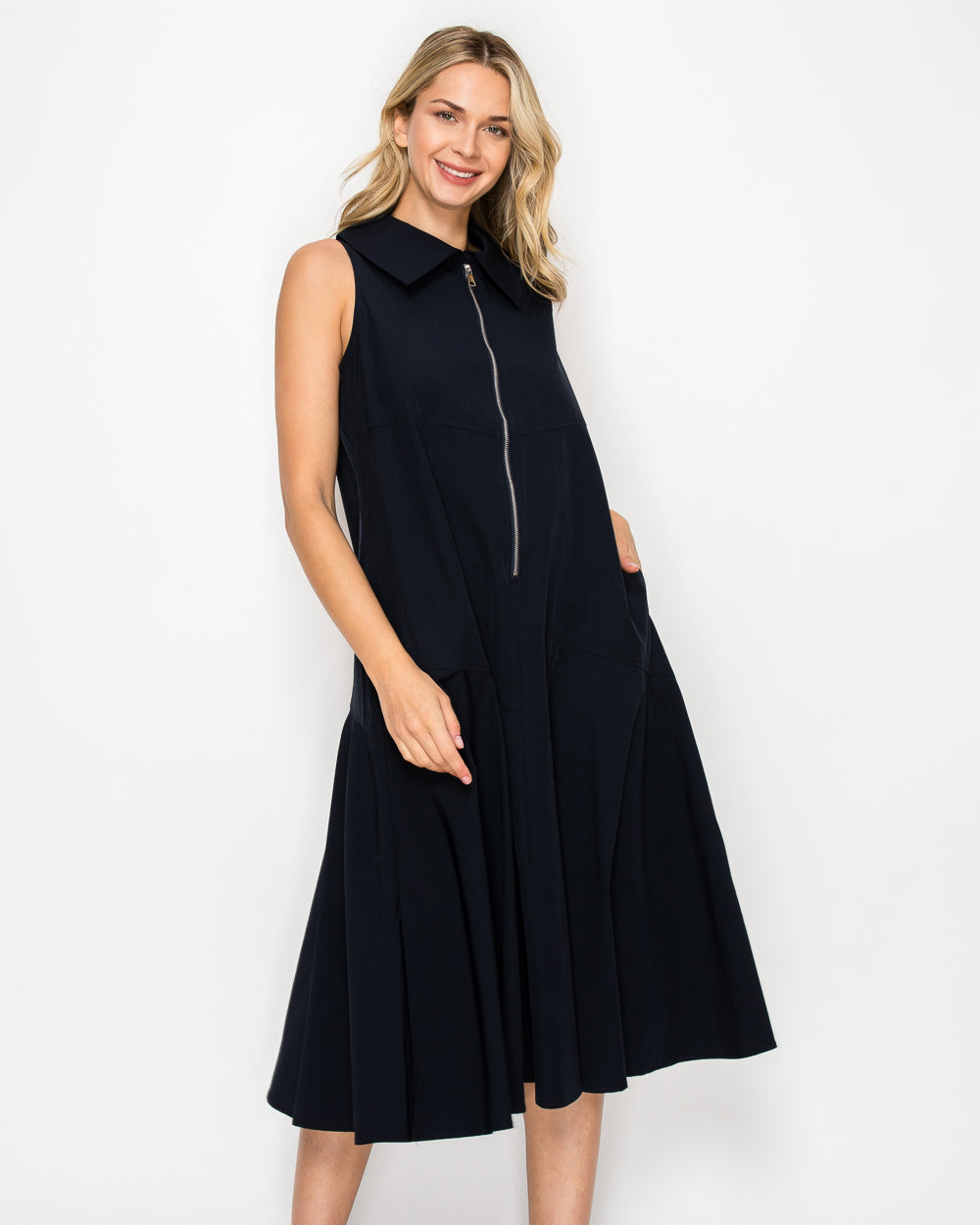 Judd Dress Navy sleeveless midi with pointed collar and front zip