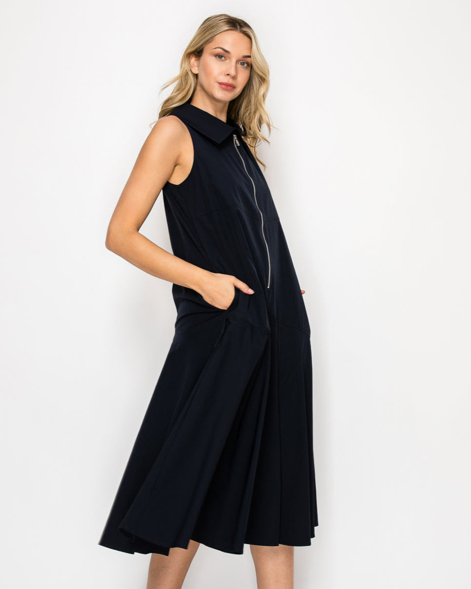 Judd Dress Navy sleeveless midi with zip front and draped, full skirt