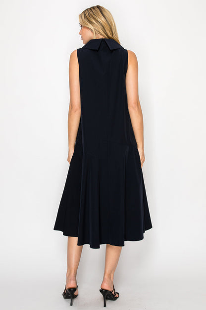 Back view Judd Dress Navy sleeveless midi with structured collar